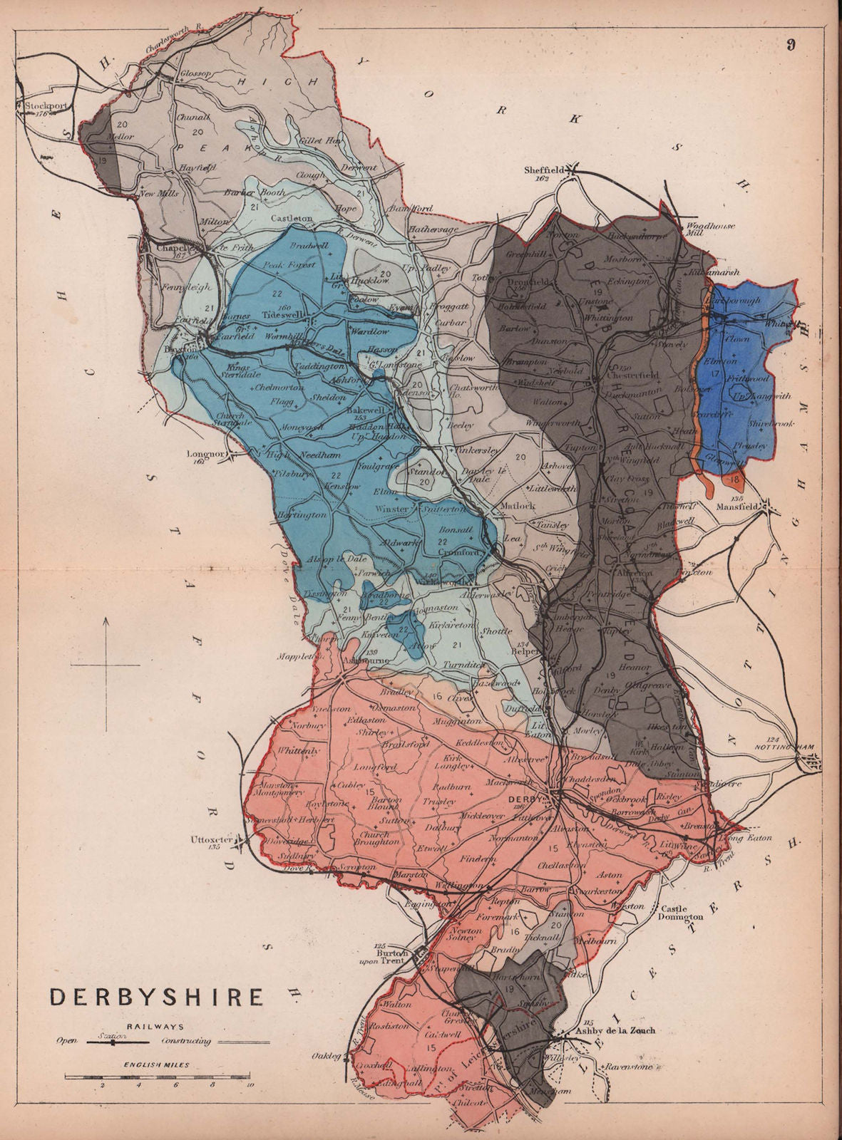 DERBYSHIRE antique geological county map by James Reynolds 1864